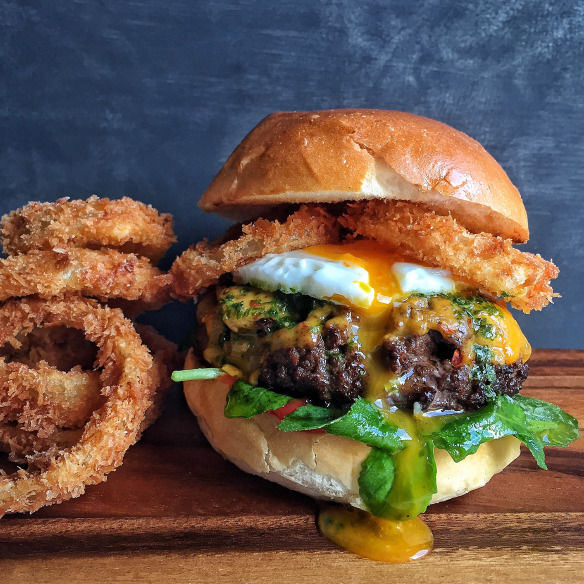 Spicy Beef Burger With Onion Rings Pictures, Photos, and Images for Facebook, Tumblr, Pinterest