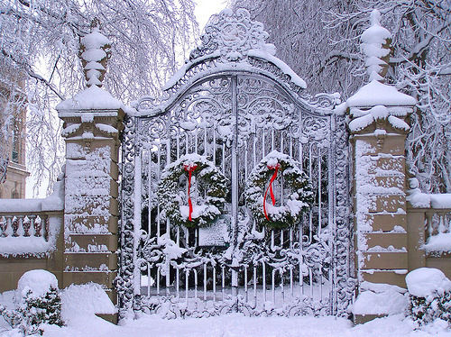 Snow Gate With Two Christmas Wreaths Pictures, Photos, and Images for