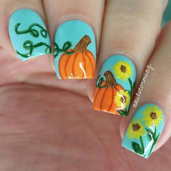 Teal Sunflower Pumpkin Nails Pictures, Photos, and Images for Facebook, Tumblr, Pinterest, and