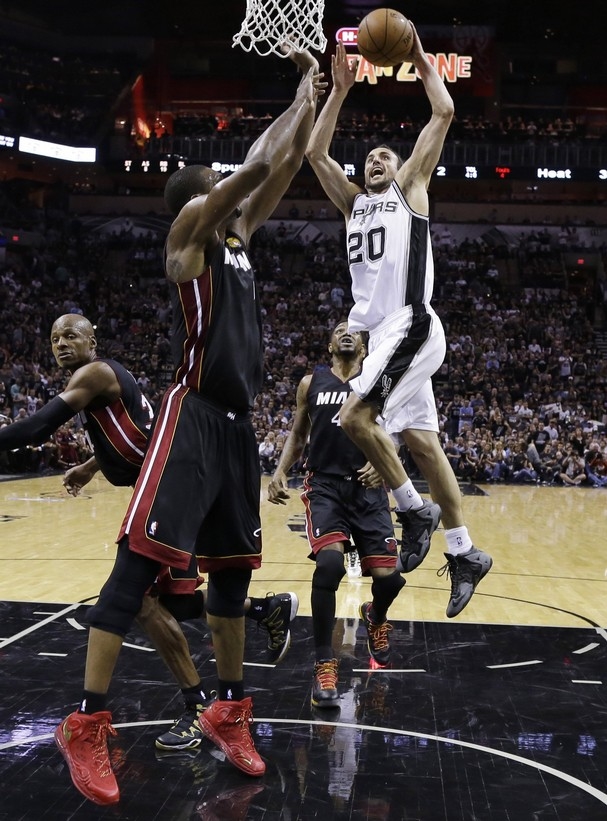 Ginobili Goes Hard to the rack, DUNK, Dunking over Bosh