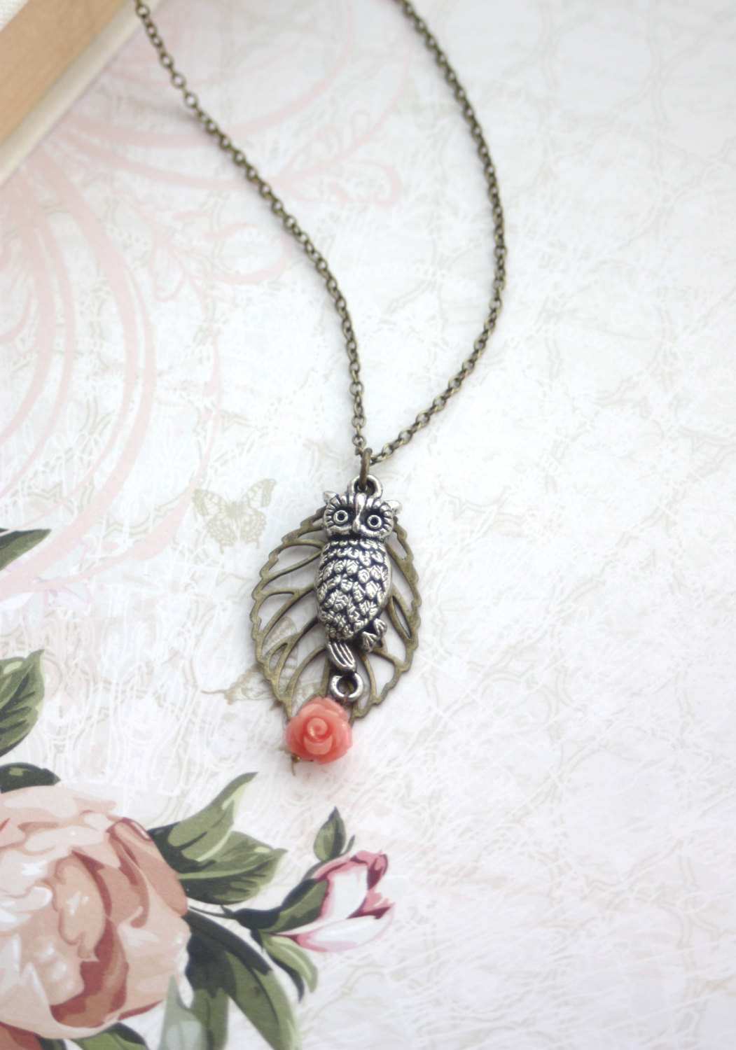 Owl and leaf necklace Owl and leaf necklace