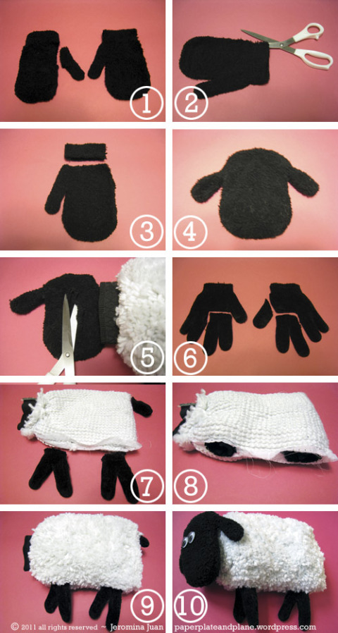 DIY sheep plush out of mitts and gloves