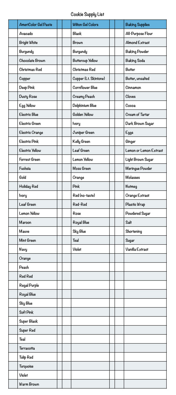 Cookie Supply List