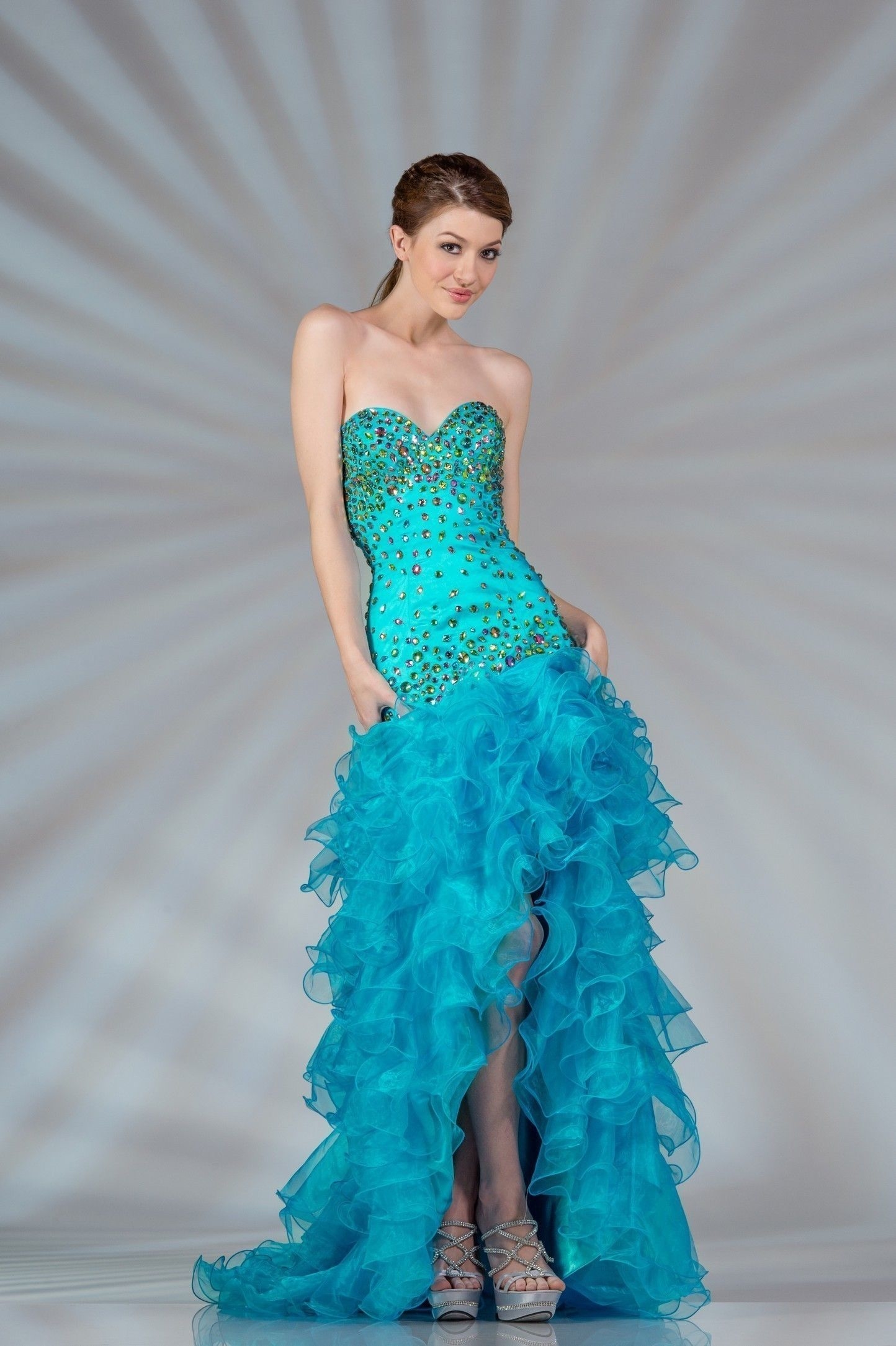 Turquoise Hi Lo Organza with Beaded Strapless Bodice