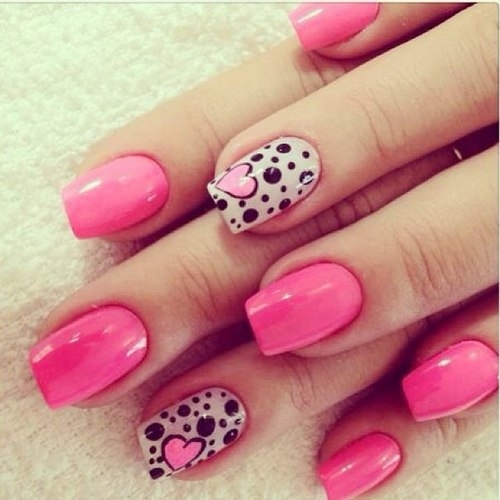 Pretty Pink Nails with a Single Polka Dotted