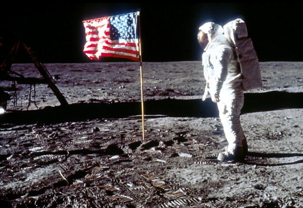 USA Flag and Buzz Aldrin Pose on the Moon
