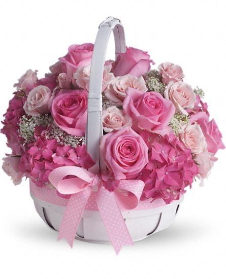 Basket of Pink Roses & Hydrangeas