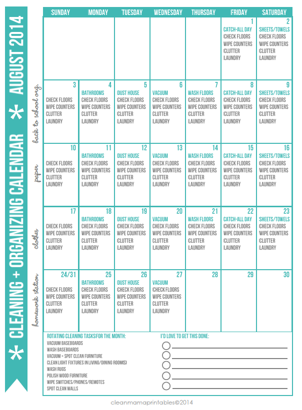 August Cleaning Schedule August Cleaning Schedule
