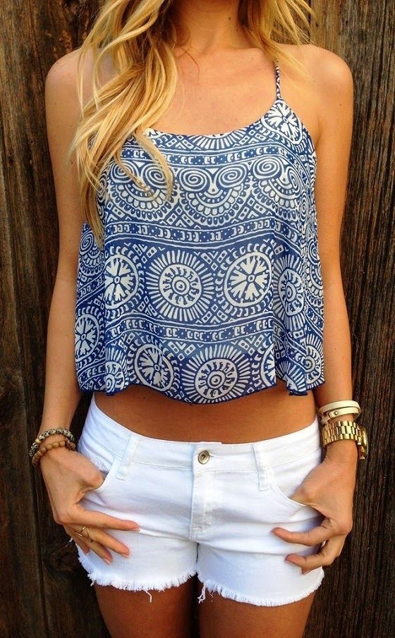 Blue and white print top