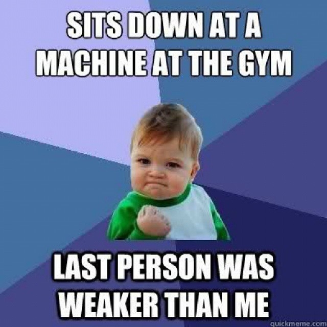 Sits down at a machine at the gym