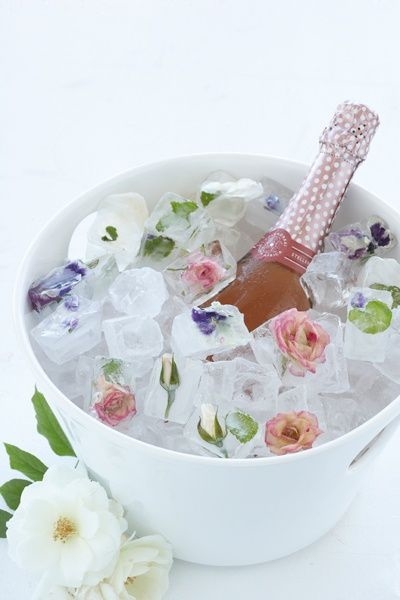 Champagne on Frozen Flower Ice Cubes Champagne on Frozen Flower Ice Cubes
