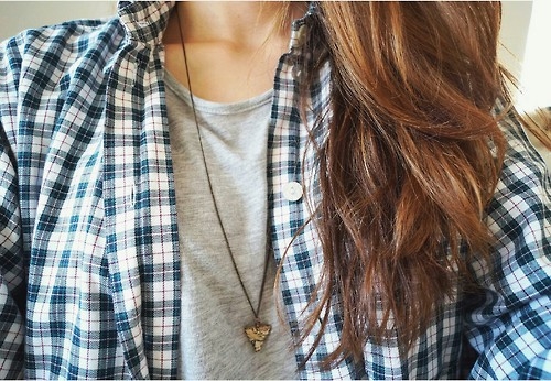 Blue plaid and gold necklace