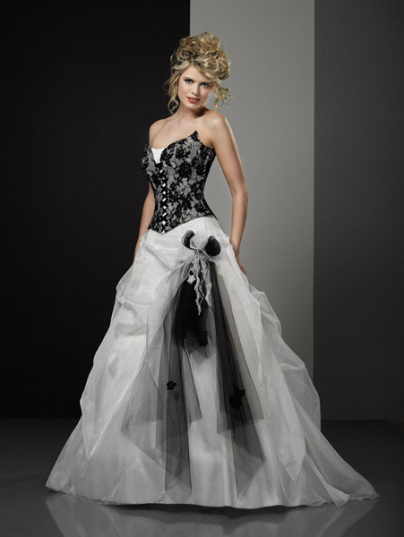 Strapless A-Line Black & White Organza Gown