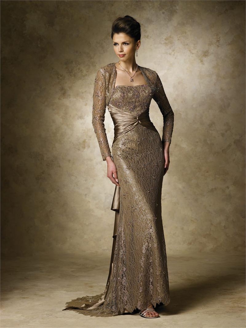 Elegant Floor Length Sleeved Beige Lace Gown