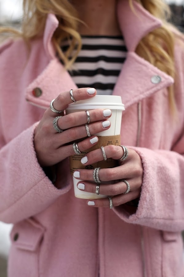 Pink Coat, White Nails & Silver Rings Pink Coat, White Nails & Silver Rings