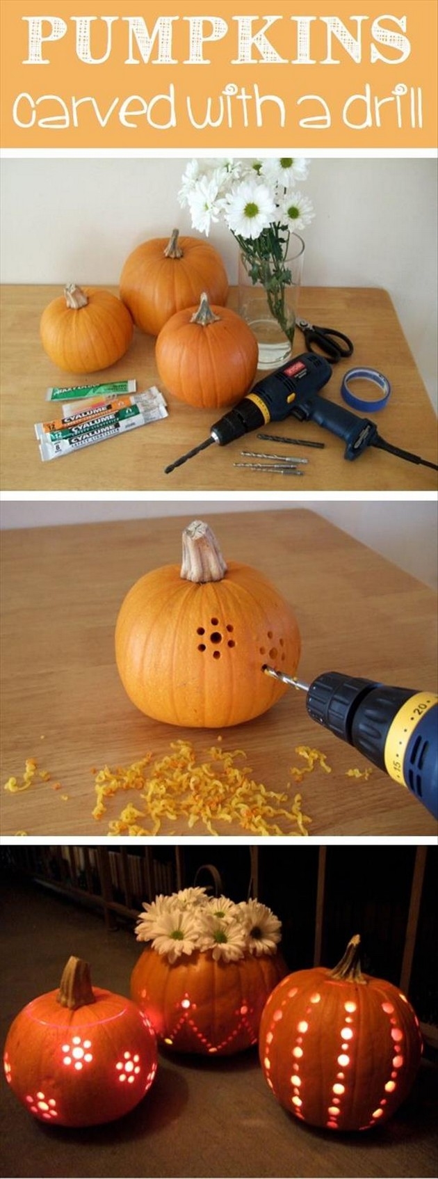 Pumpkins carved with a drill
