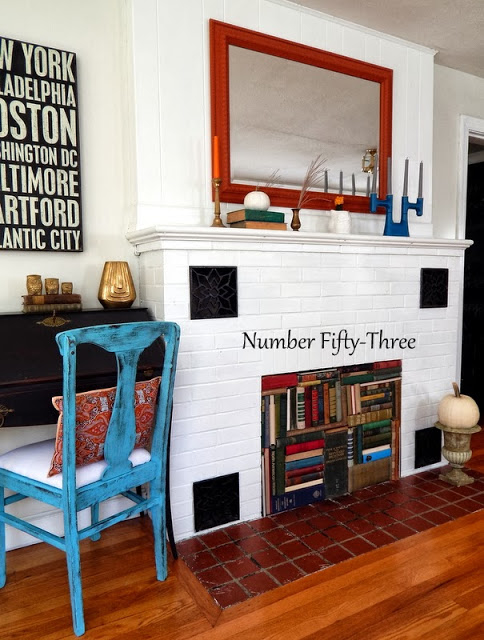 Vintage book fireplace and fall mantel