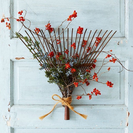 Rake Made into Autumn Door Decoration Rake Made into Autumn Door Decoration