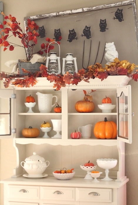 Kitchen Hutch Decorated with Leaves & Pumpkins