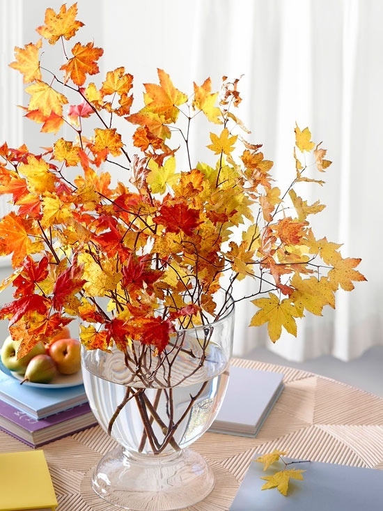 Branches of Leaves in Clear Glass Vase