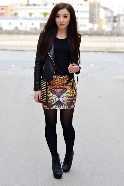 Mini Skirt, Cropped Leather Jacket and Short Boots