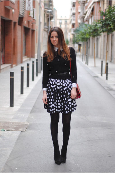 Polka Dot Blanco Skirt, Zara Boots & Black Sweater Polka Dot Blanco Skirt, Zara Boots & Black Sweater