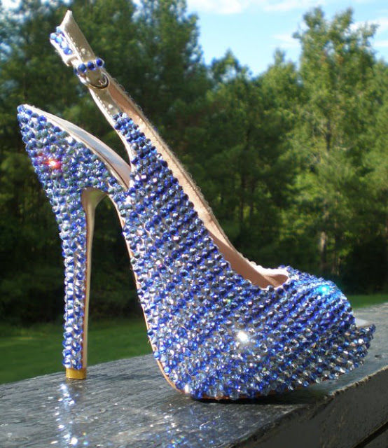 High Heel Slingbacks with Open Toe & Blue Bling