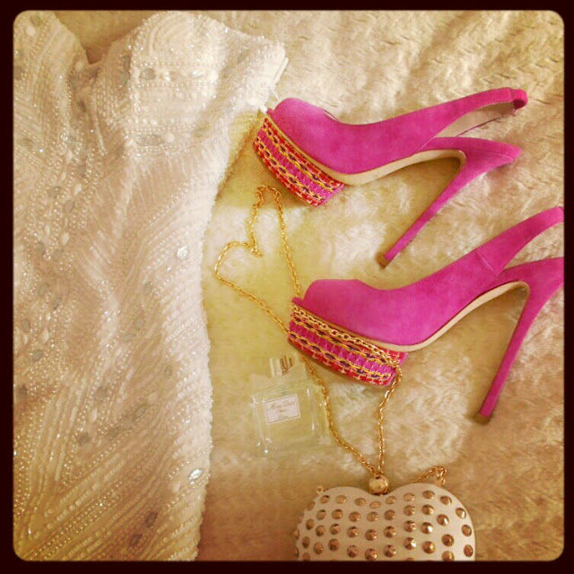 White Beaded Dress with Pink Platform Slingback Pumps White Beaded Dress with Pink Platform Slingback Pumps