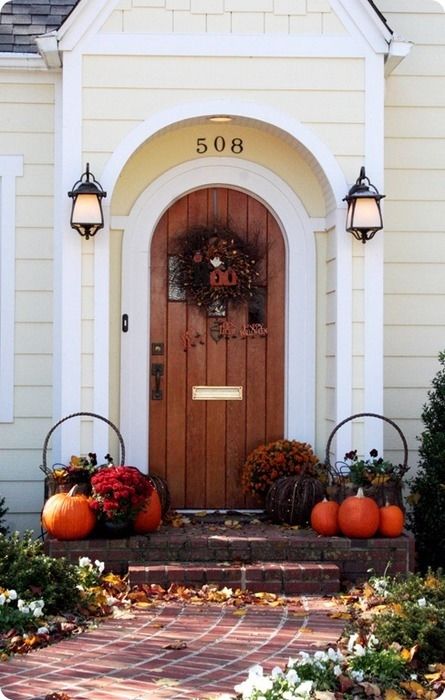 Pretty front entrance decorated for Fall