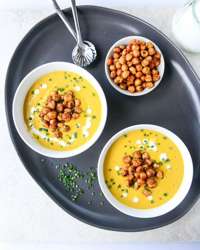 Smoked gruyere butternut soup with spicy chickpeas