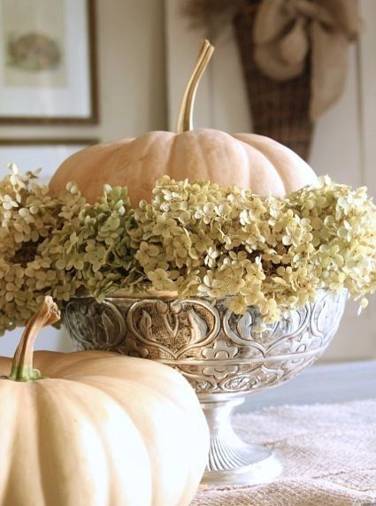White Pumpkins & Hydrangeas in Silver Bowl