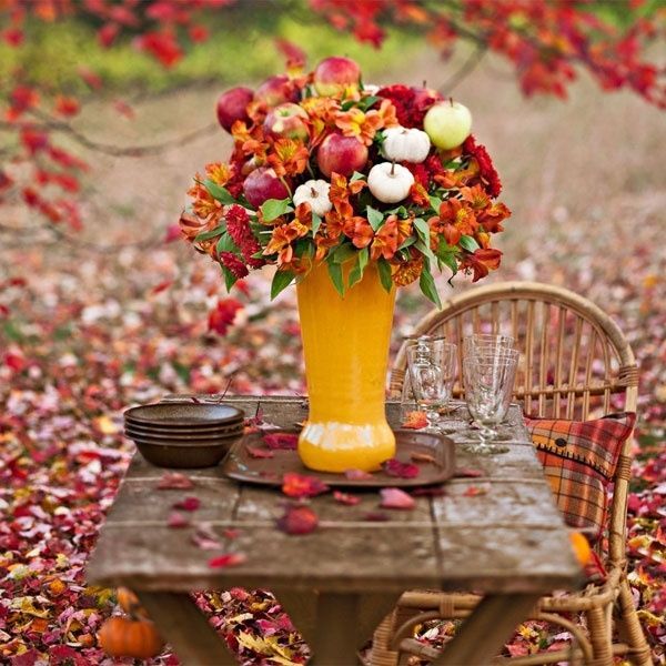 Fall Flowers, Apples & Mini Pumpkins in a Vase Fall Flowers, Apples & Mini Pumpkins in a Vase