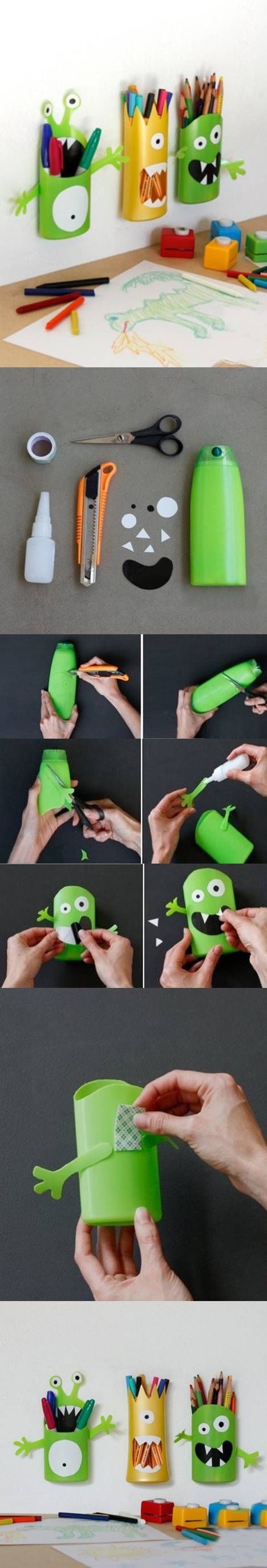 DIY Shampoo Bottle Monster Pencil Holder