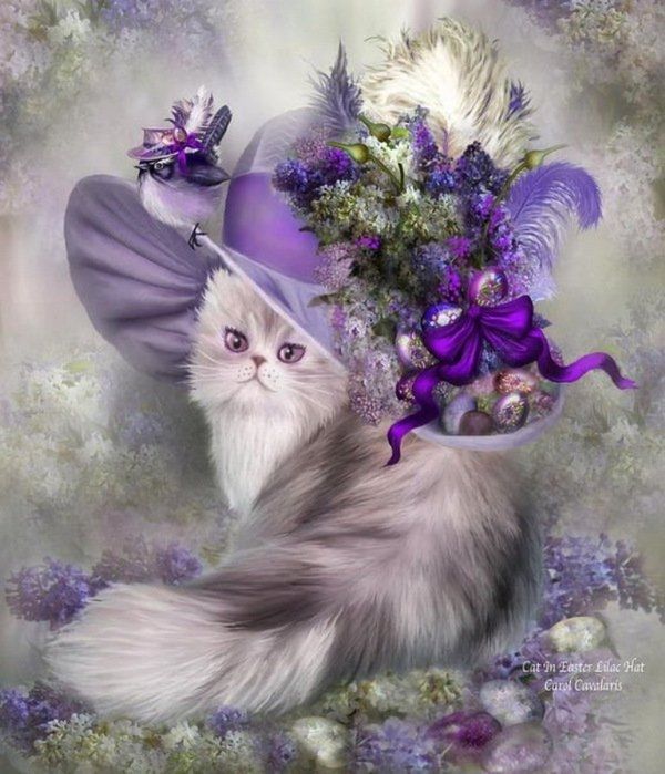 Cat in Easter Lilac Hat by Carol Cavalaris