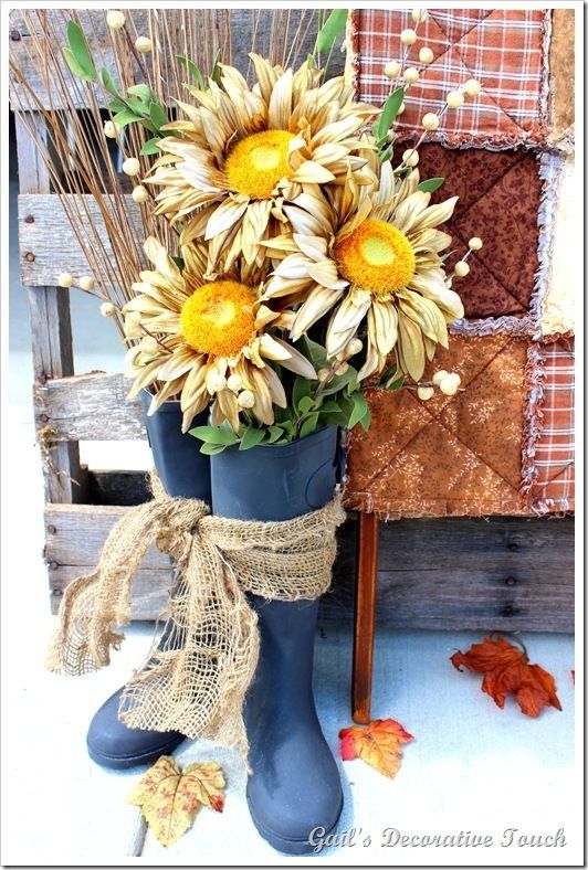 Rubber Boots as Vase for Dried Sunflowers Rubber Boots as Vase for Dried Sunflowers