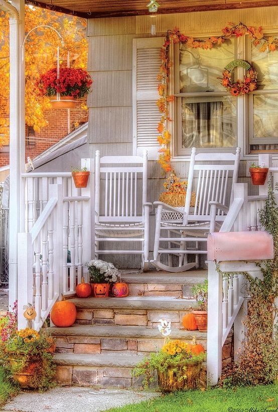 House Decorated with Leaves & Pumpkins