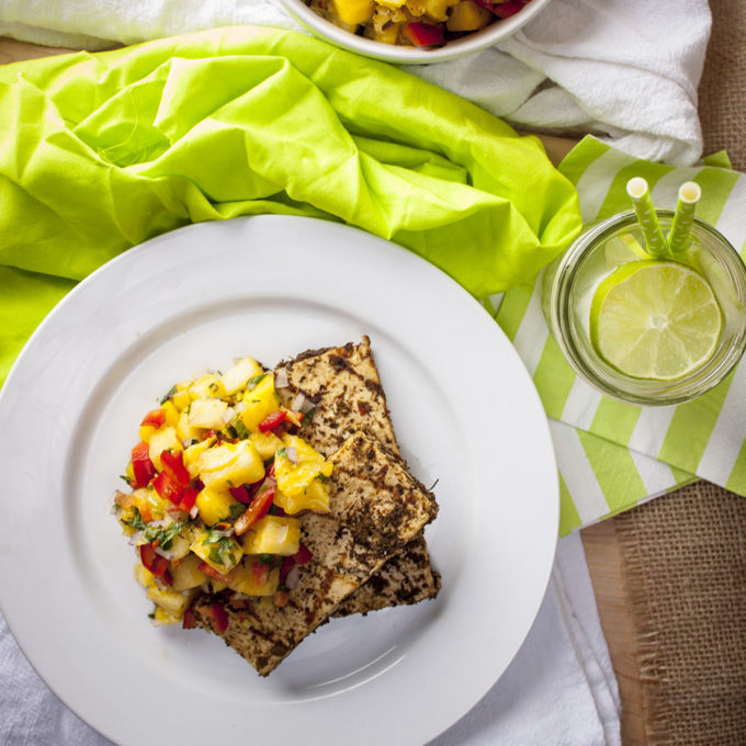Grilled jerk tofu with pineapple salsa