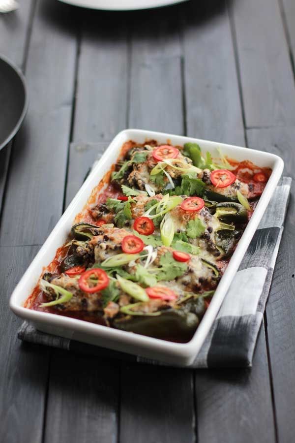 Black bean and pepper jack stuffed poblano peppers
