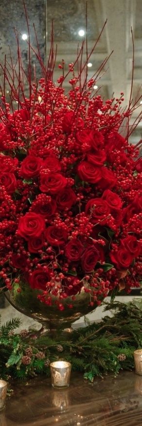 Beautiful Silk Red Roses & Berries Holiday Centerpiece
