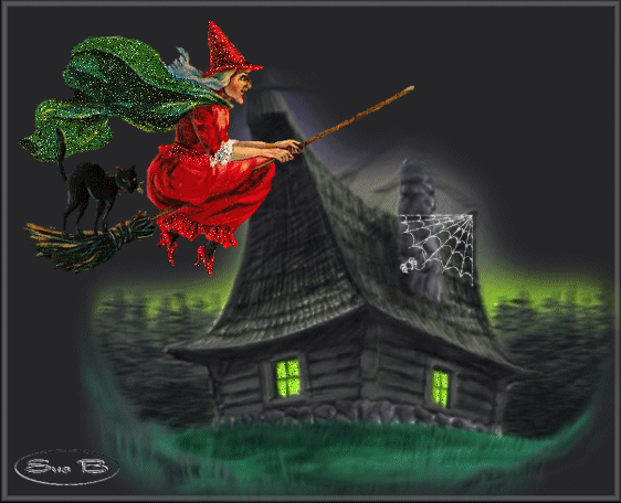 Glitter Witch Flying over Haunted House Glitter Witch Flying over Haunted House