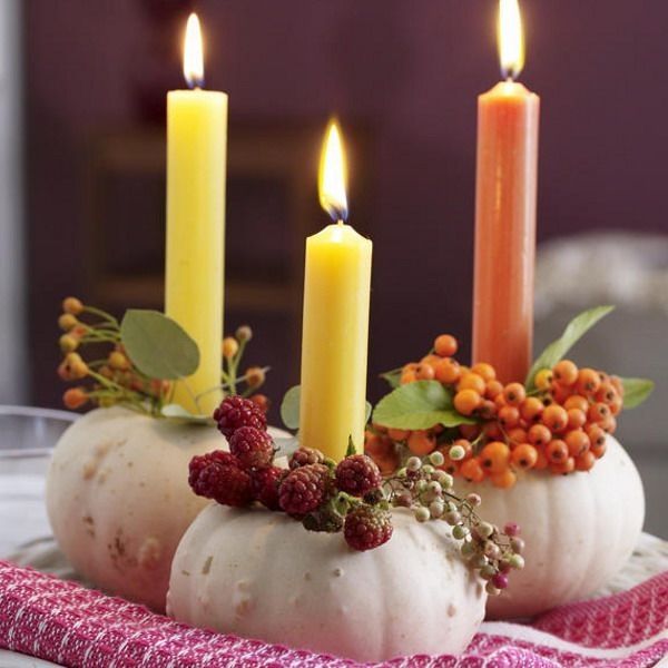 White Pumpkin Candle Holders with Berries White Pumpkin Candle Holders with Berries