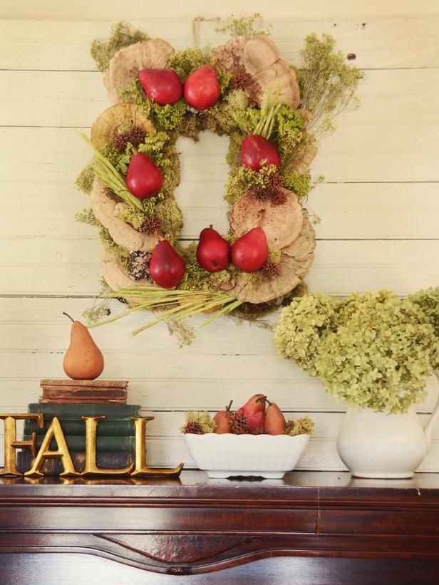 Square Fall Wreath Made From Dried Mushrooms, Moss, & Faux Pears Square Fall Wreath Made From Dried Mushrooms, Moss, & Faux Pears