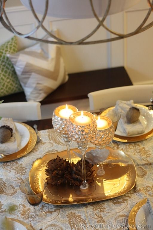Sparkly Mercury Glass Candle Holders on a Gold Tray