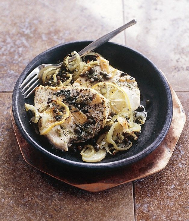 Baked Swordfish Fennel lemons and capers