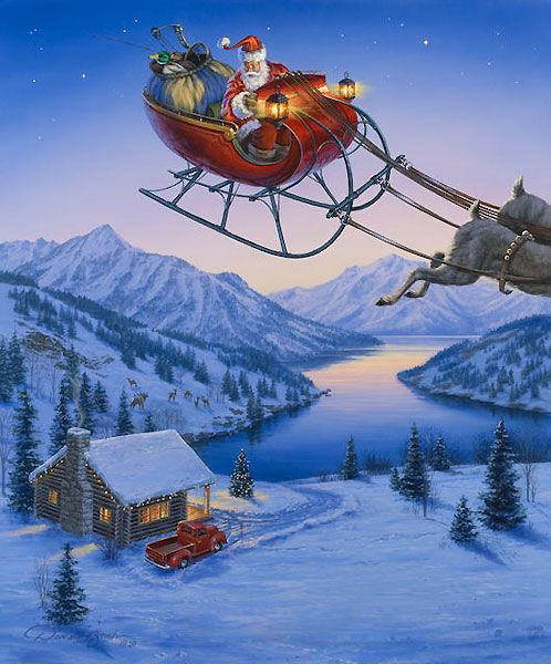 Santa's Sleigh Flying Over Winter Cabin - Darrel Bush