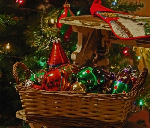 Basket of christmas ornaments Basket of christmas ornaments
