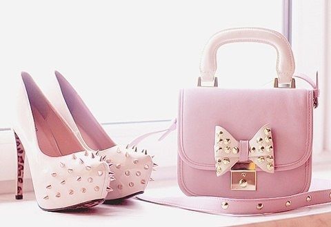 Soft Pink Stilettos with Spikes and Matching Purse
