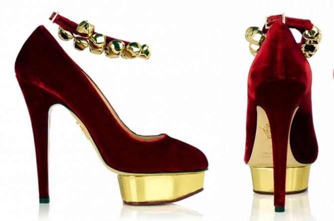 Gold & Red Velvet Holiday Platform Pumps Gold & Red Velvet Holiday Platform Pumps