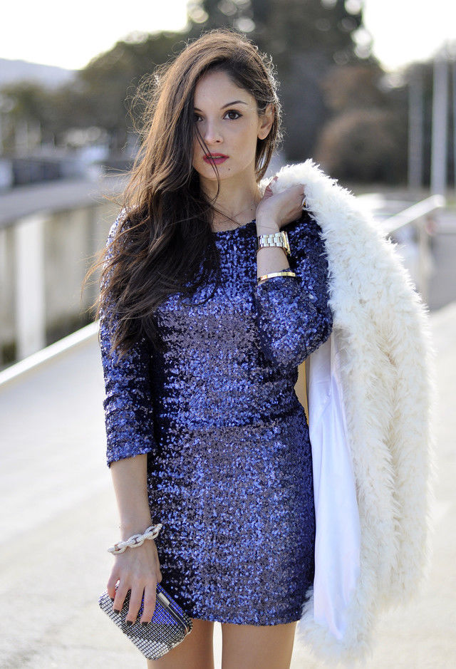 Long Sleeved Royal Blue Sequined Dress
