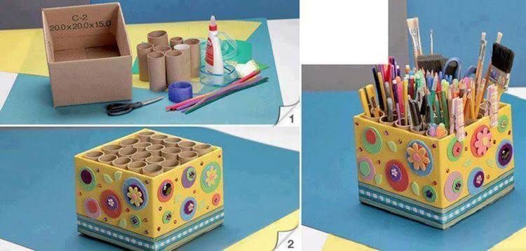 Making pencil holders from toilet paper rolls
